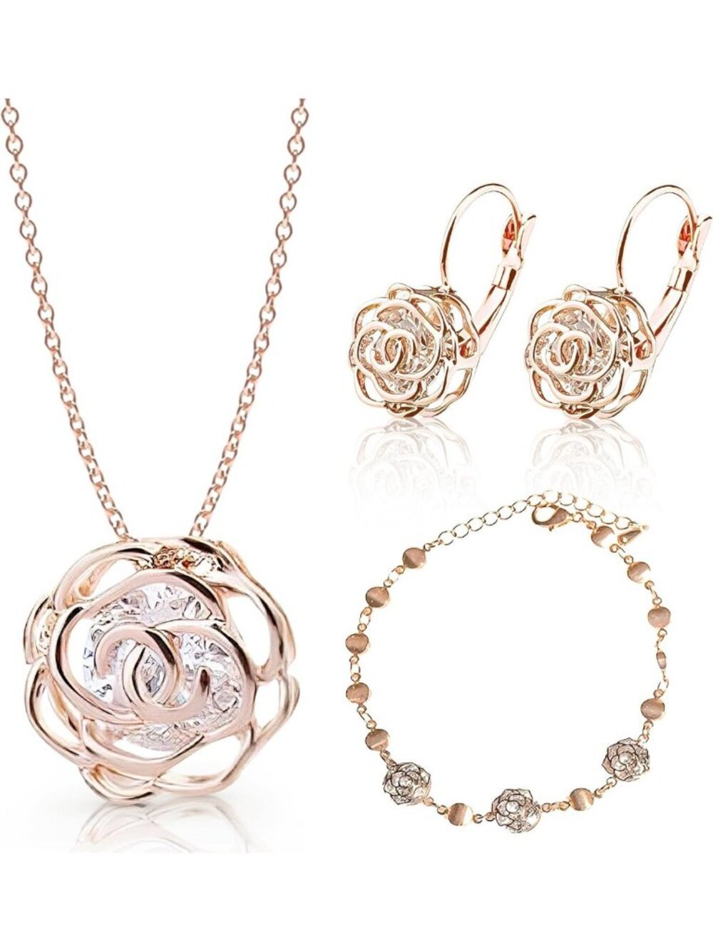 Elegant 18K Gold Plated White Crystal Flower Jewelry Set - Necklace, Earrings